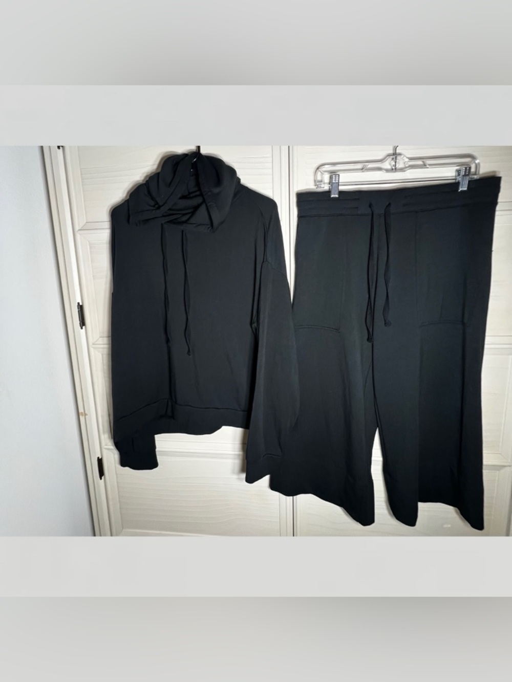 Quince Black Cozy Hoodie & Cropped Wide Leg Pants Set Sz L